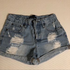 F21 high waisted light wash shorts